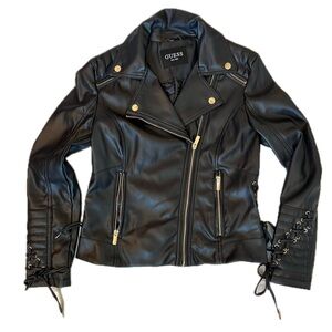 Guess Womens Size M Black Faux Leather Bomber Jacket Biker Style Zip